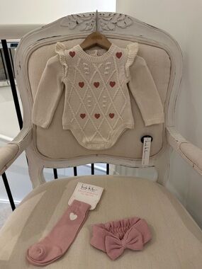 🤍 3~6 Mth Cream and Pink Embroidered Heart Bubble Knit Baby Set 100% Cotton NWT